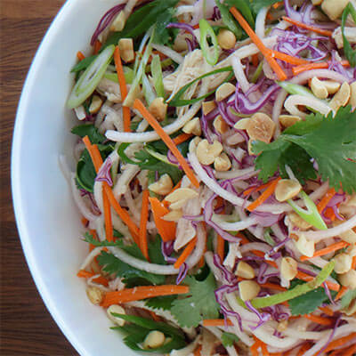 Thai-inspired chicken salad with pear “noodles”