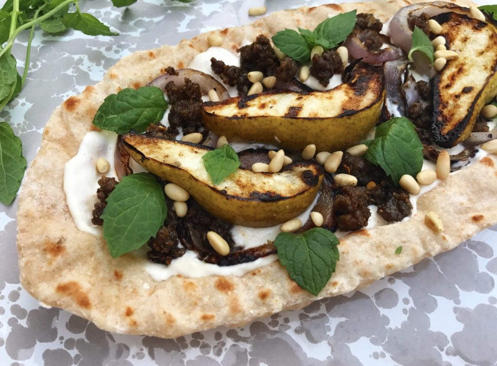 pear and ground lamb flatbread with fresh mint