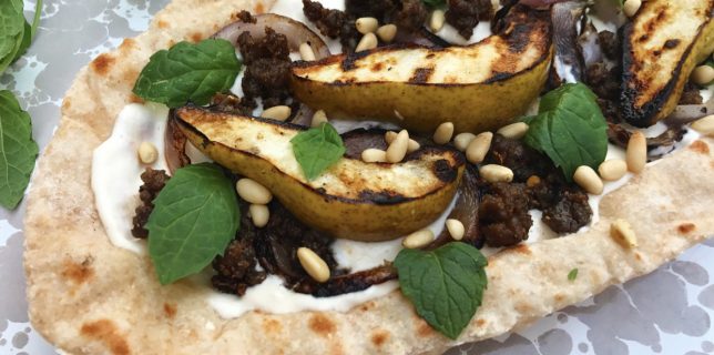 pear and ground lamb flatbread with fresh mint