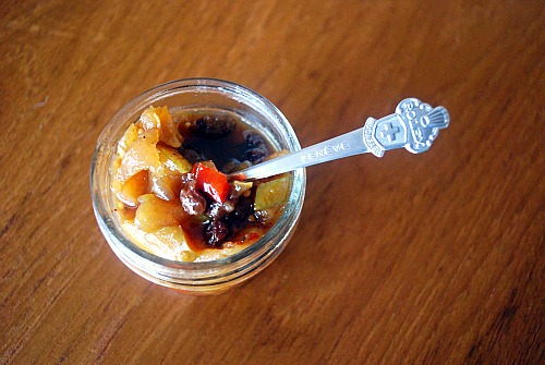 pretty diced pear and apple chutney in a jar